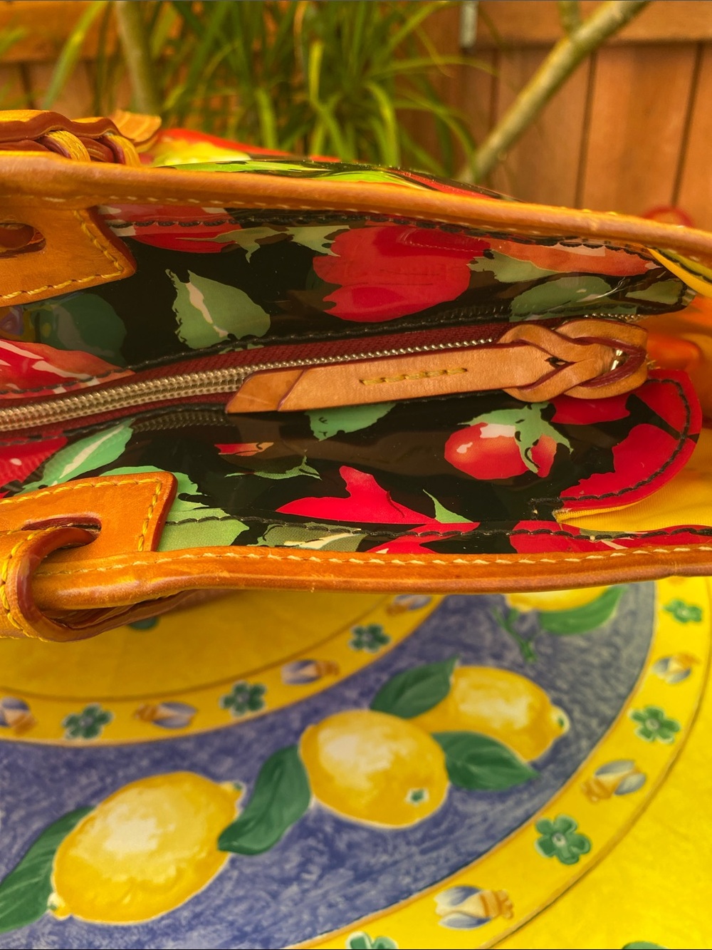 Dooney & Bourke Black Floral Coated Tote with Tan Leather Handles - Picture 15 of 16